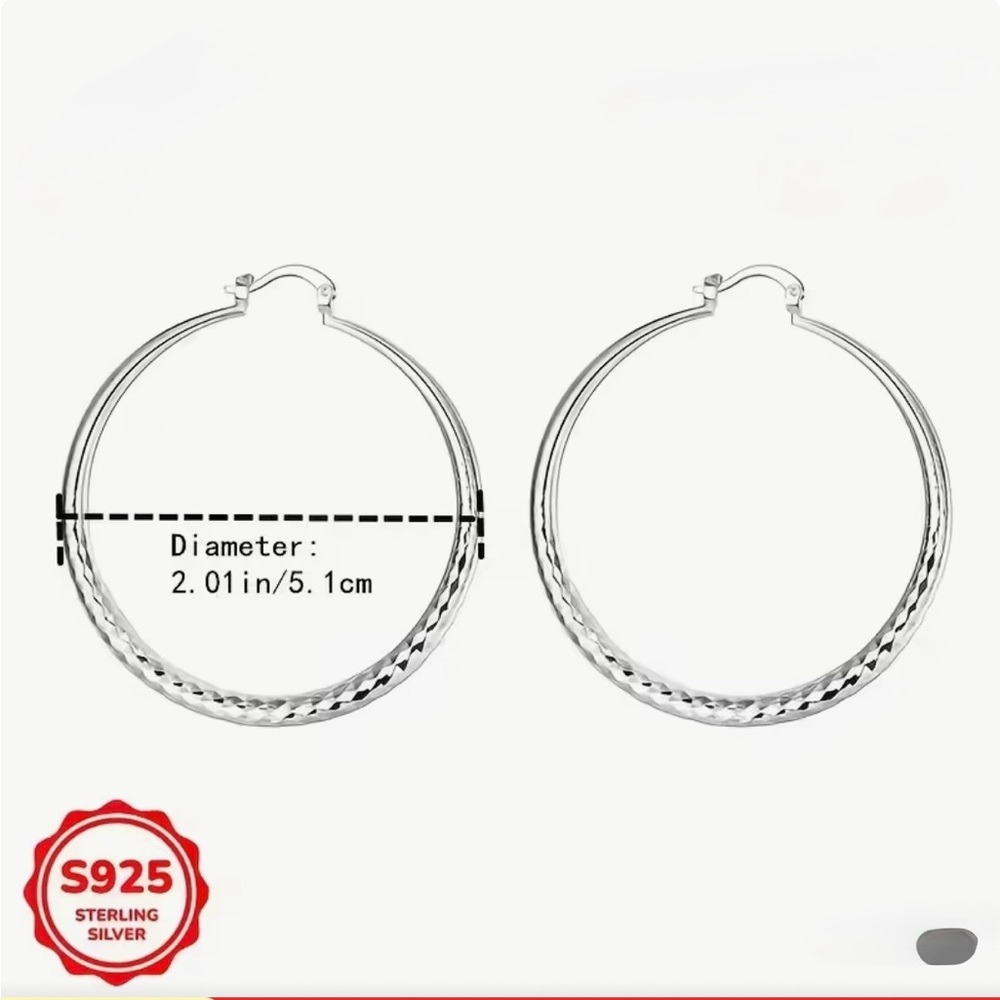 S925 Sterling Silver Diamond-Cut Hoop Earrings | 2” Classic Hoops - Picture 2 of 5